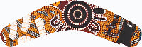 A boomerang-shaped wooden magnet with a geometric pattern representing Aboriginal art.