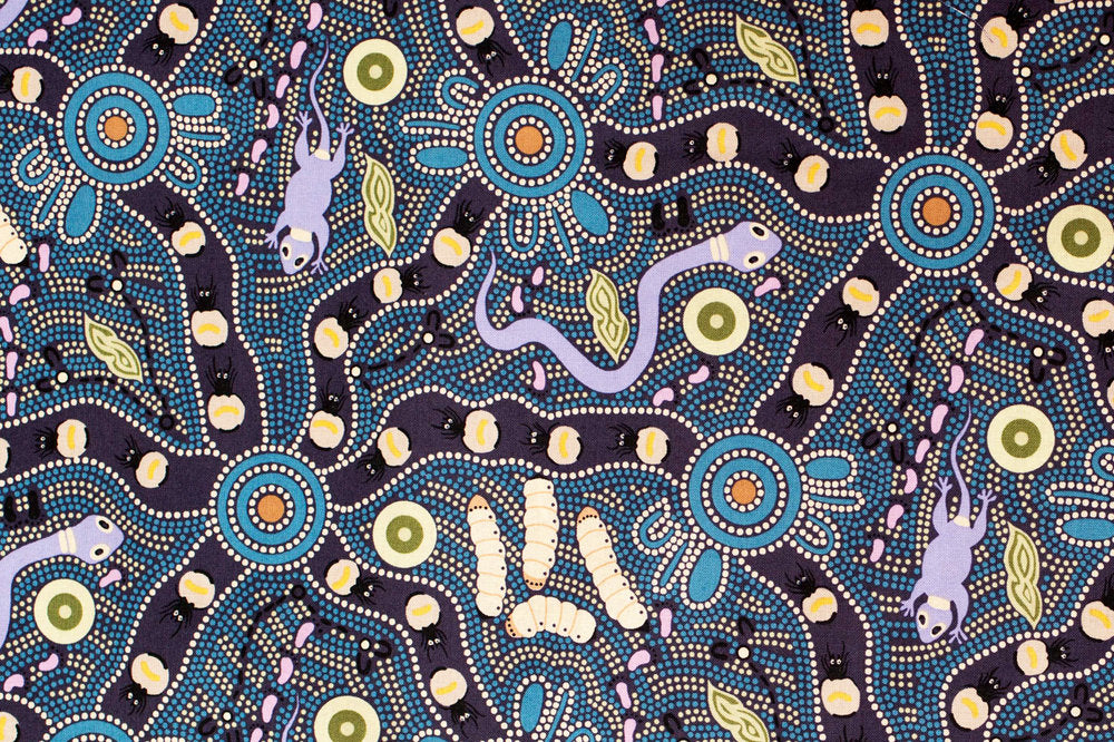 Bush Tucker Blue Aboriginal Pattern COTTON Fabric Per Metre