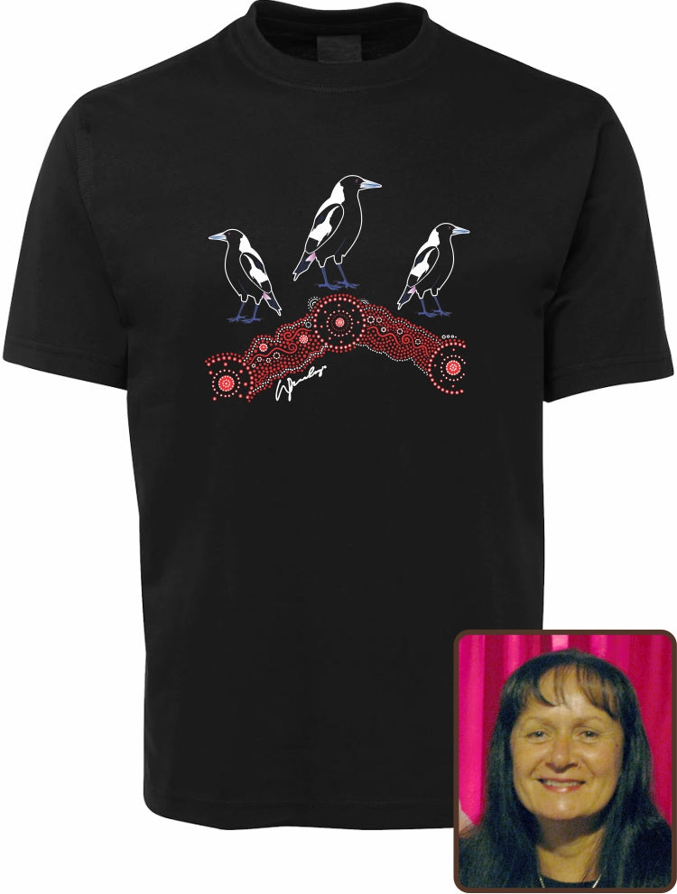 T Shirt ADULT Regular Fit - Wendy Pawley, Magpies at Sunset Design